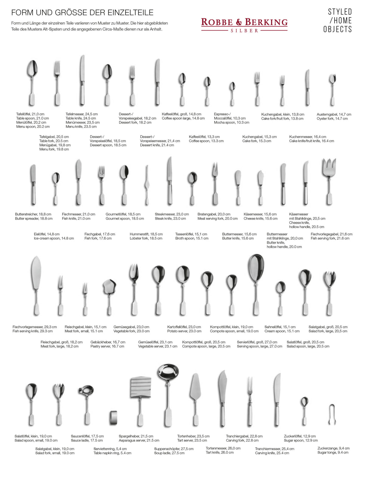 Robbe & Berking Silberbesteck Form und Grösse des Bestecks