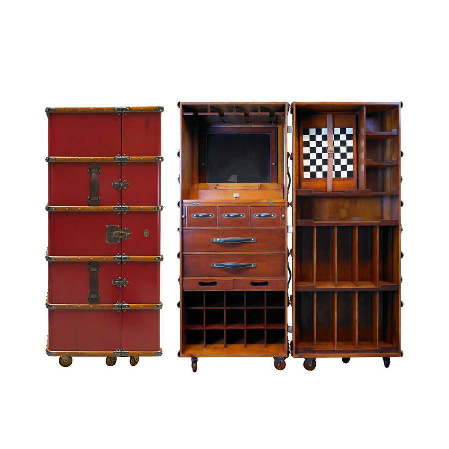 Robbe & Berking Barkoffer mit Schubladen aus Holz mit Messingbeschlägen und Lederriehmen in Rot