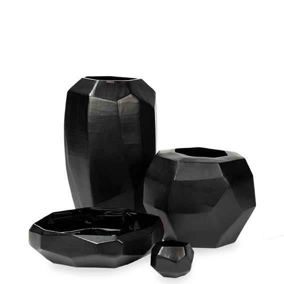 Guaxs Vasen, Schalen, Teelichter Cubistic in Schwarz. Von Mund geblasen. 