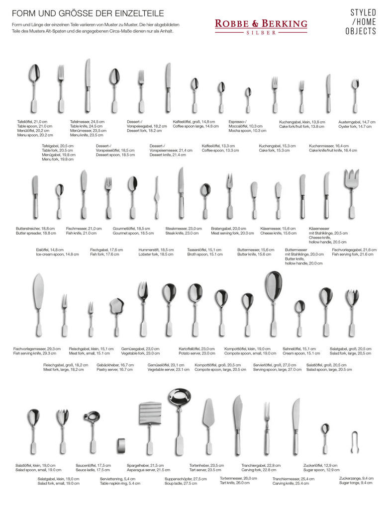 Robbe & Berking Silberbesteck Form und Grösse des Bestecks 